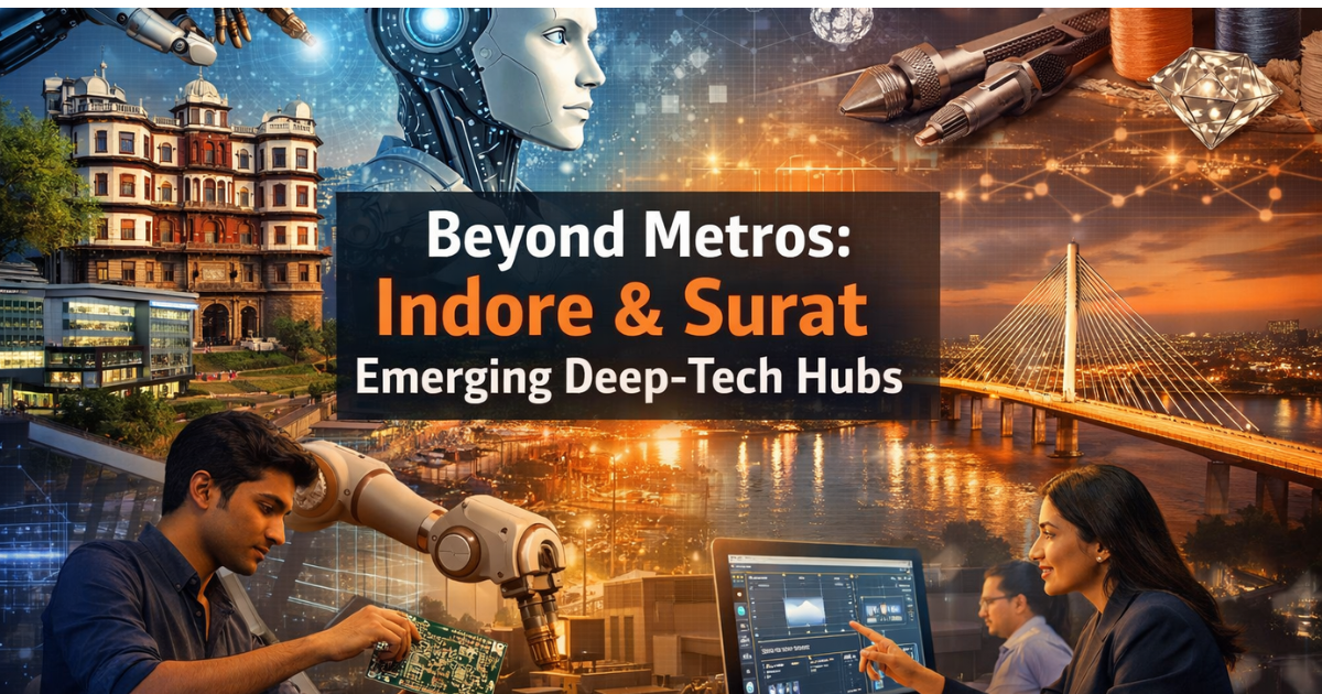 A composite visual showing Indore and Surat emerging as deep-tech hubs, blending city landmarks, AI imagery, robotics, and modern workspaces.