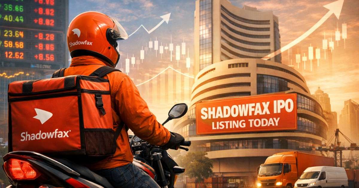 A Shadowfax delivery rider on a motorbike stands in the foreground as the Bombay Stock Exchange building appears in the background, symbolising the company’s IPO and the growing intersection of logistics and public markets in India.