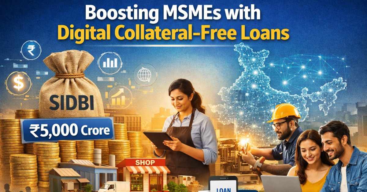 Illustration showing Indian MSME entrepreneurs and small businesses connected through digital finance networks, symbolising SIDBI’s ₹5,000 crore equity infusion enabling collateral-free loans.