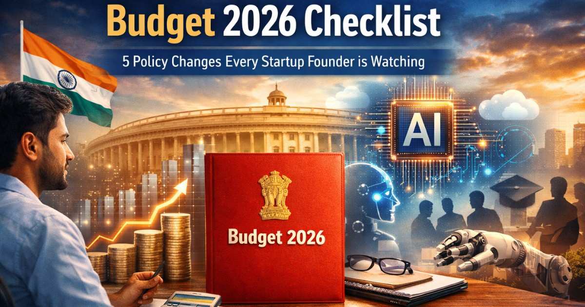 Union Budget 2026 concept image showing startup founders reviewing policy changes, financial charts, and digital innovation symbols against an Indian economic backdrop.