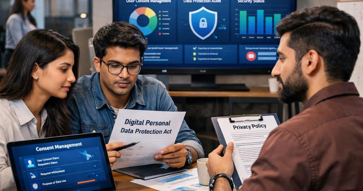"Three young professionals in a modern Indian tech startup office reviewing documents and digital dashboards related to data privacy and the Digital Personal Data Protection Act."