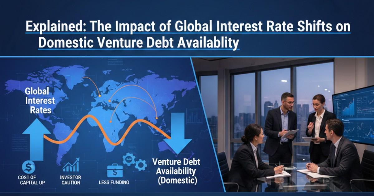 An illustration showing rising and falling interest rate arrows connected to startup buildings and financial institutions, representing how global rate changes influence venture debt availability for domestic startups.