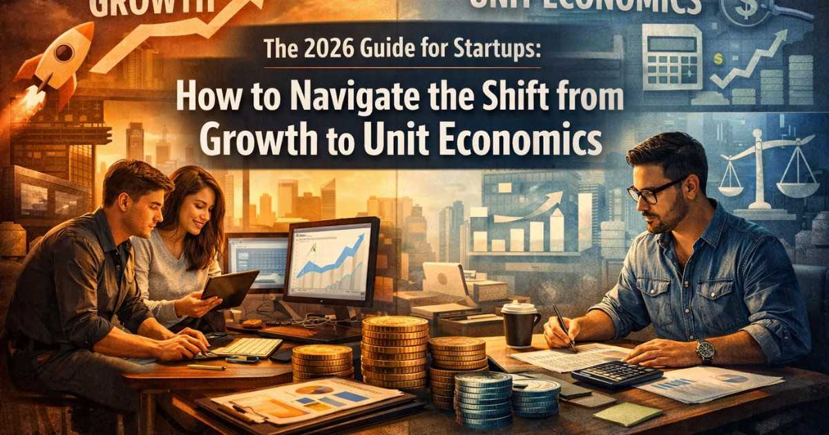 A split-screen illustration showing startups transitioning from rapid growth to sustainable unit economics, with growth charts and a rocket on one side and financial analysis, charts, and profitability symbols on the other.